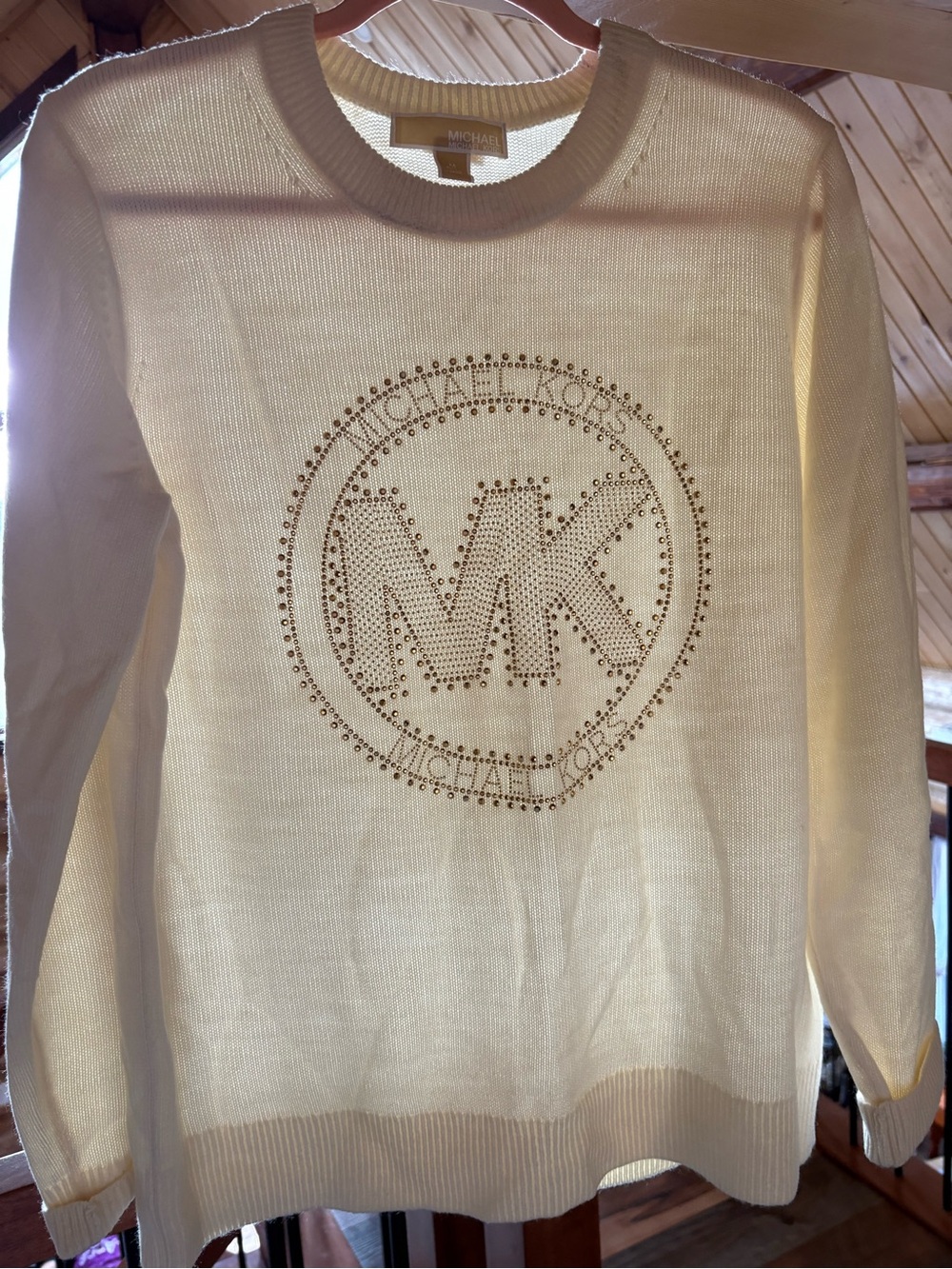 Michael Kors Cream Ribbed Knit Sweater with Label Detail